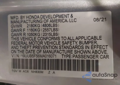 2021 Acura Tlx Tech A из США, поврежденный, VIN 19UUB5F56MA016071